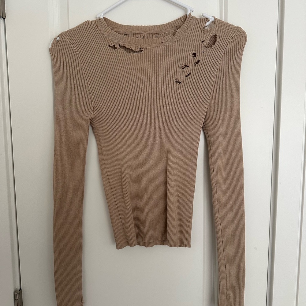 Zara Tan Distressed Sweatshirt